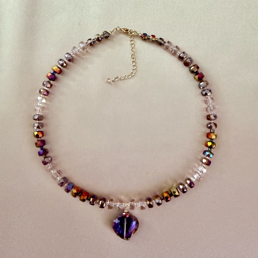 Gold-Filled Pink Ombré Swarovski AB Crystal Necklace with Heart Pendant